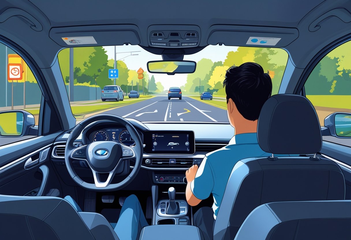 A learner driver in a car with an instructor in the front passenger seat and a supportive passenger in the back seat during a mock driving test.
