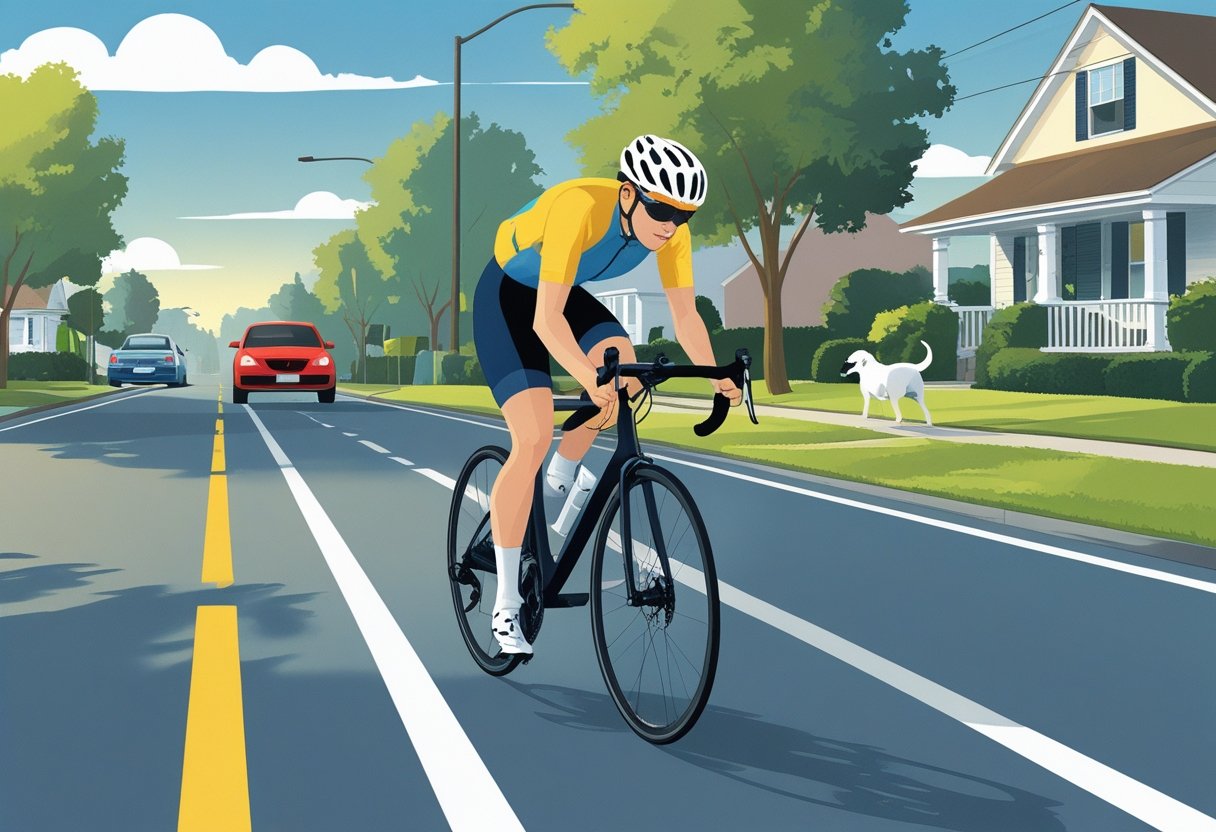 A cyclist wearing a helmet is performing an emergency stop on a suburban street while avoiding a pedestrian stepping onto a crosswalk.