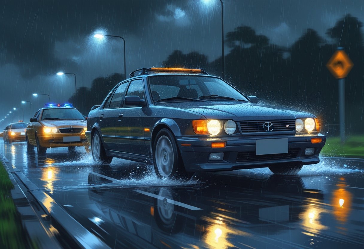 A car driving slowly on a wet road in heavy rain with headlights and fog lights on, rain falling heavily and water splashing on the road.