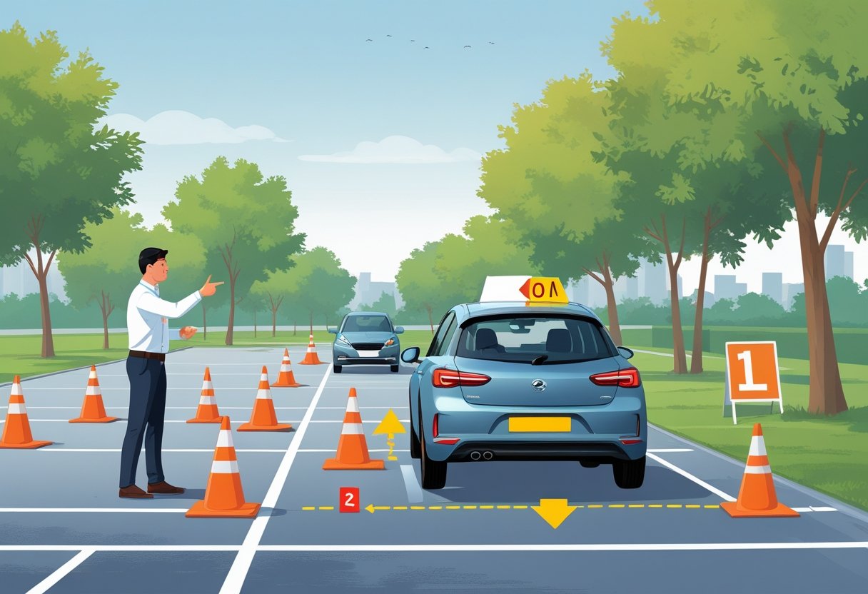 A driving instructor guides a learner driver practising reversing in a car with cones marking a step-by-step path in an open parking lot.