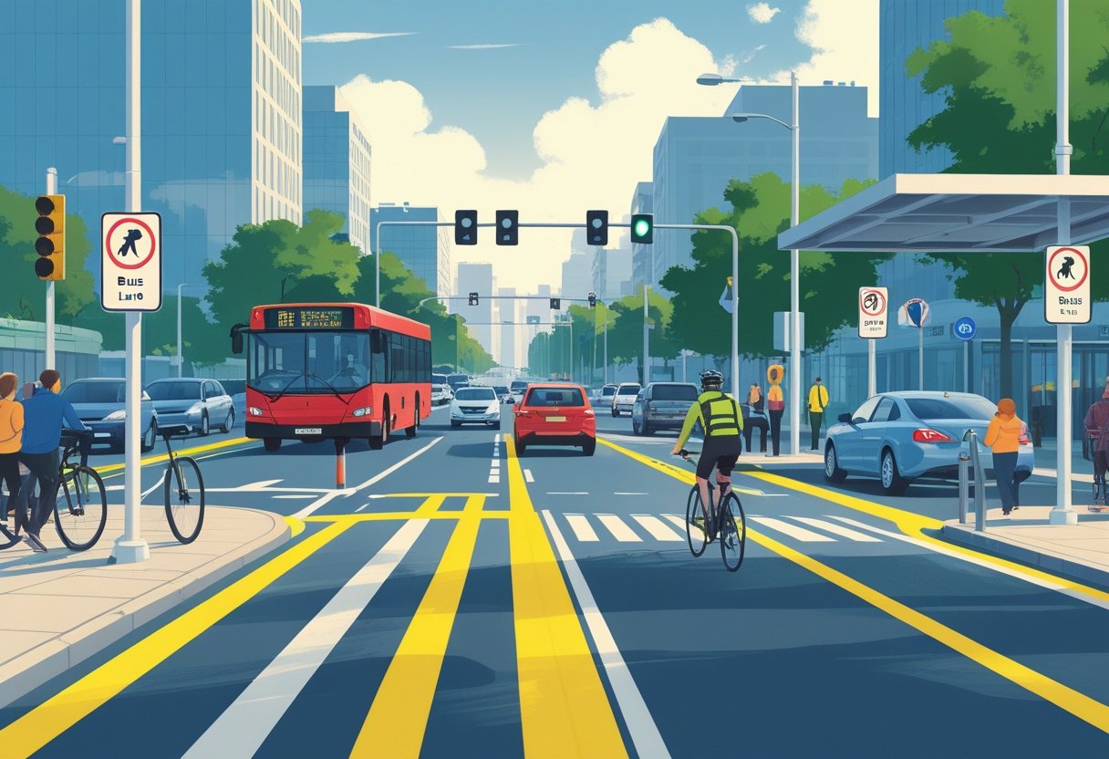 A city street showing a bus driving in a marked bus lane with cars in adjacent lanes, a cyclist nearby, and pedestrians waiting at a bus stop.