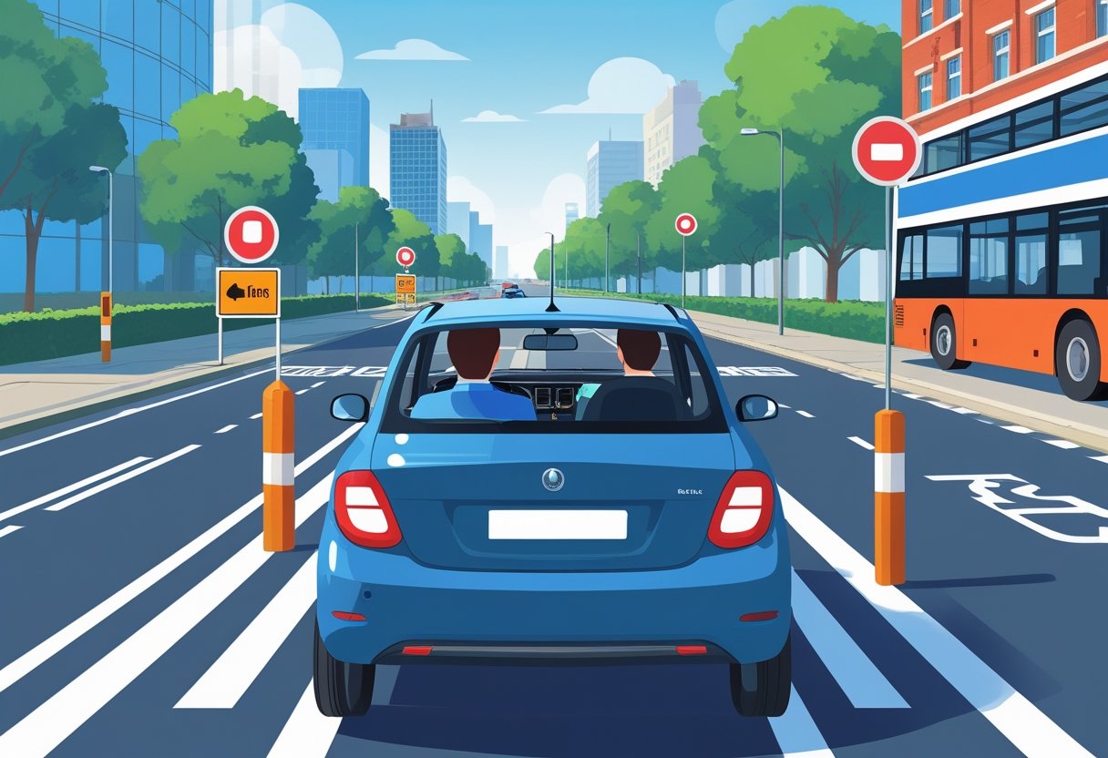 A learner driver in a car approaching a city street with visible bus lane signs and road markings, while a bus drives in the designated bus lane.