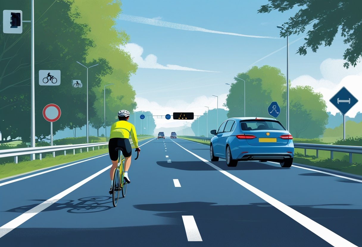 A cyclist wearing a helmet rides on the left side of a two-lane road while a car behind keeps a safe distance and signals to overtake.