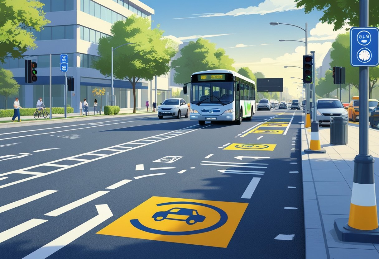 A city street showing a dedicated bus lane with clear road markings and bus-lane signs, a bus using the bus lane, other vehicles in adjacent lanes, and pedestrians on the sidewalks.