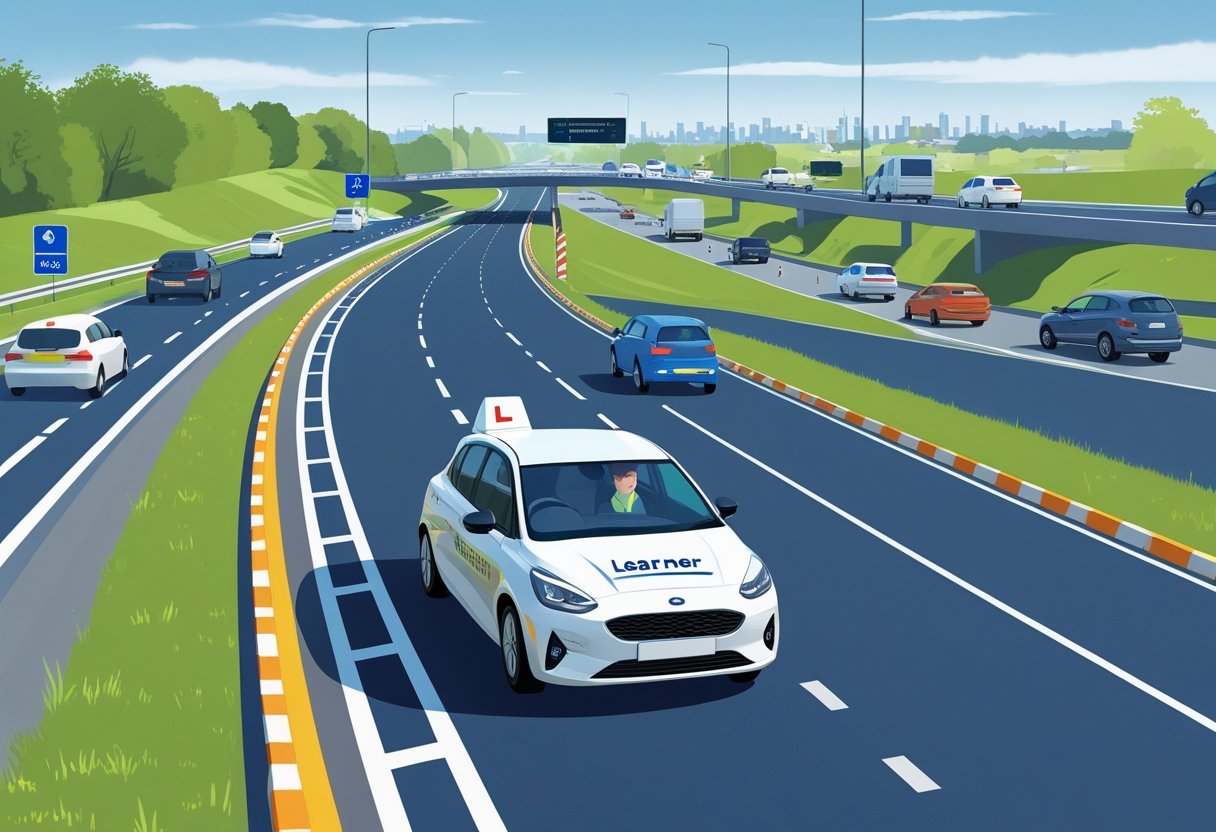 A learner driver in a driving school car practising entering and exiting a motorway slip-road with other vehicles on the road.