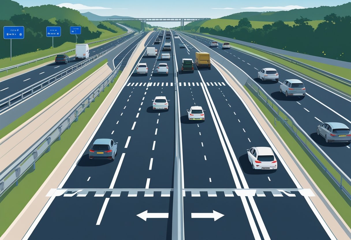 A motorway scene showing vehicles entering and exiting using slip roads with clear road markings and signs, surrounded by greenery and barriers.