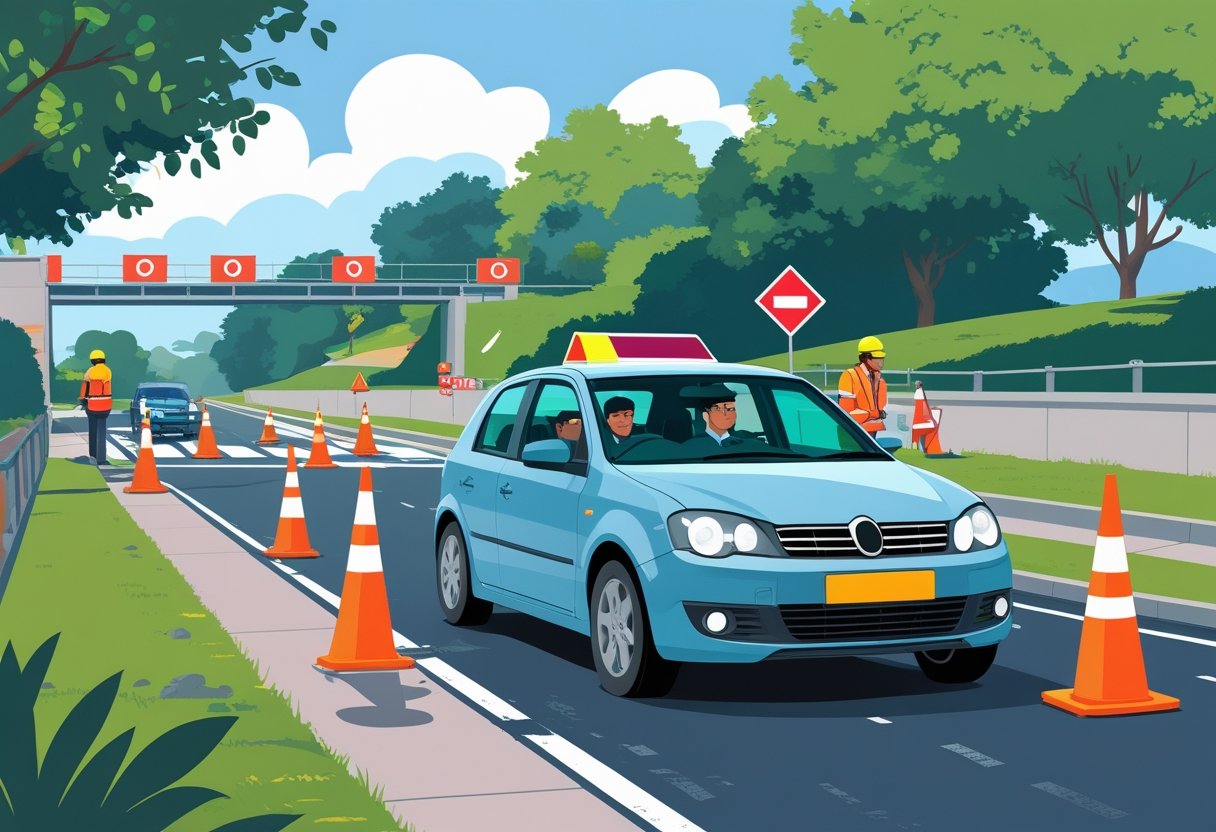 A car approaching a temporary road works area with traffic cones and workers on a suburban road during a driving test.