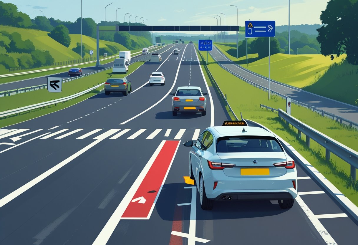 A learner driver in a car preparing to enter a motorway slip-road with clear road markings and signs visible.