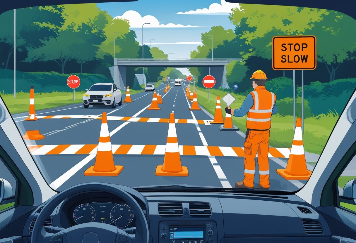 View from inside a car approaching temporary road works with traffic cones, road signs, and a construction worker holding a stop sign on a two-lane road.
