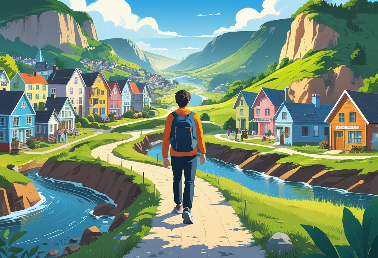 A person walking along a path connecting several different towns with varied buildings and landscapes, engaging with people and learning in each place.