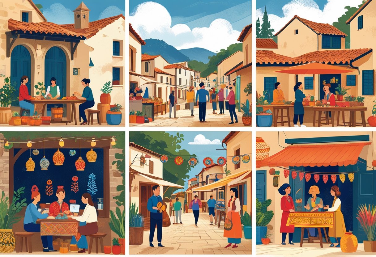 People participating in cultural activities and lessons in different towns, showing interactions with local residents and traditional settings.