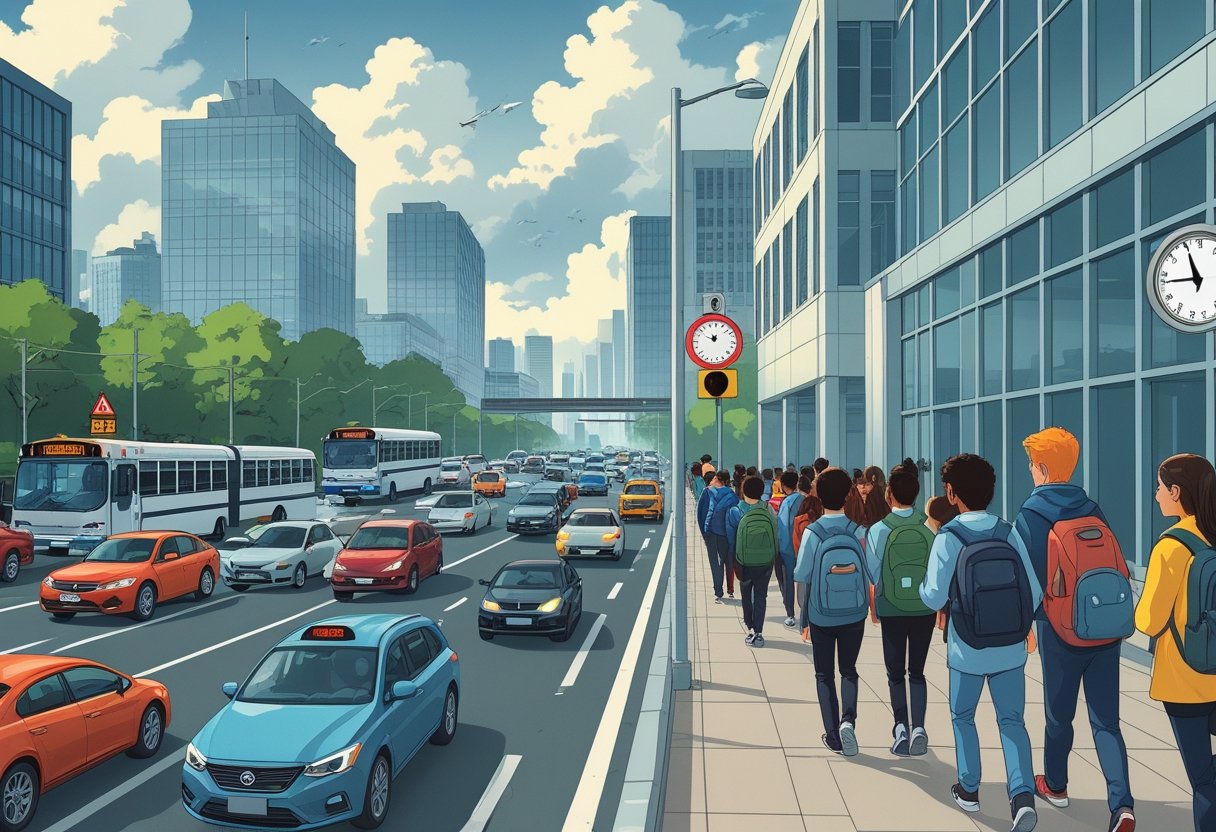 A busy city street filled with heavy traffic during rush hour, with students walking towards a school building looking worried.