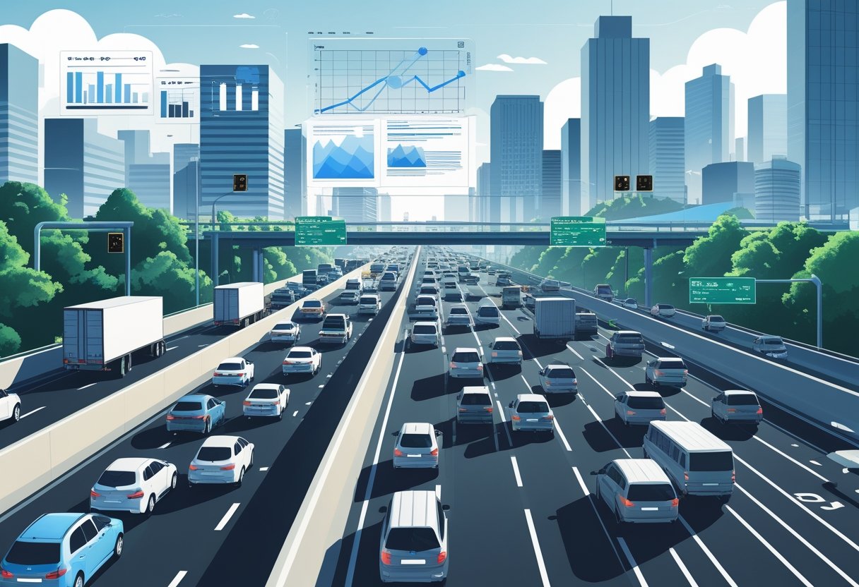 A busy urban highway filled with heavy traffic during rush hour, showing cars and buses moving through a city with tall buildings in the background.