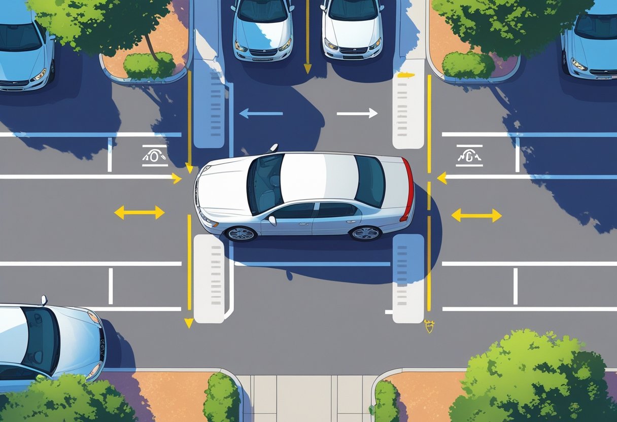 A car manoeuvring carefully into a tight parking space between other vehicles in a parking lot, showing different positions and angles during parking.
