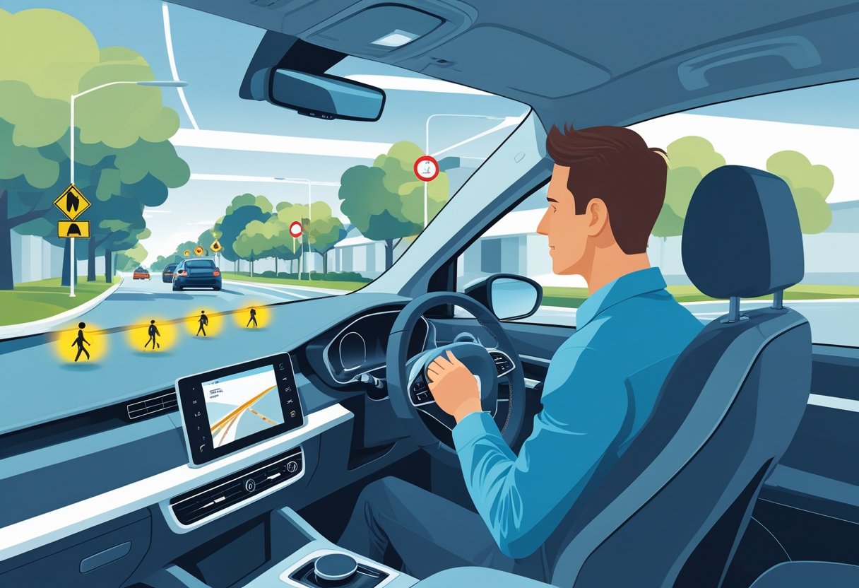 A driver inside a car attentively looking at the road with icons showing nearby hazards like a pedestrian crossing, cyclist, traffic light, and a bend in the road.