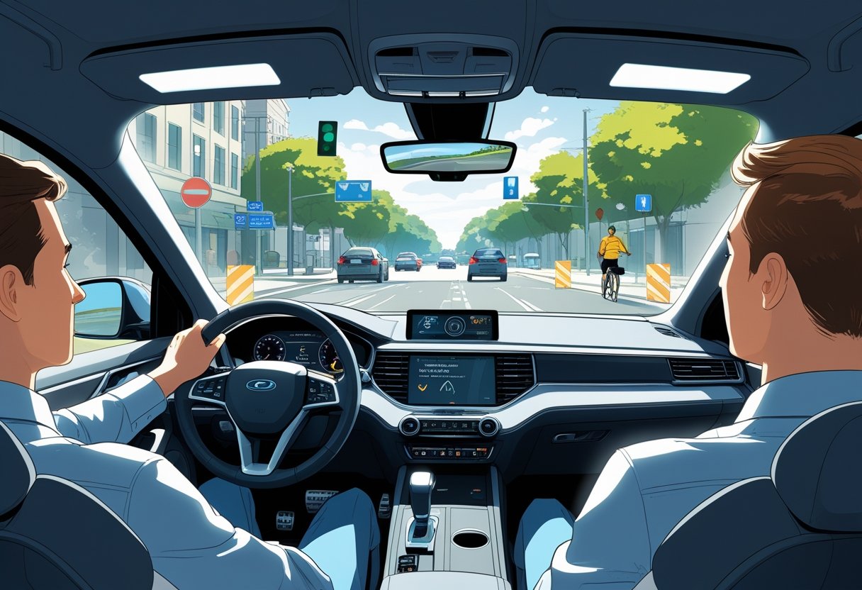 A driver inside a car pointing out potential hazards on a busy urban street, including a pedestrian, cyclist, and sharp bend ahead.