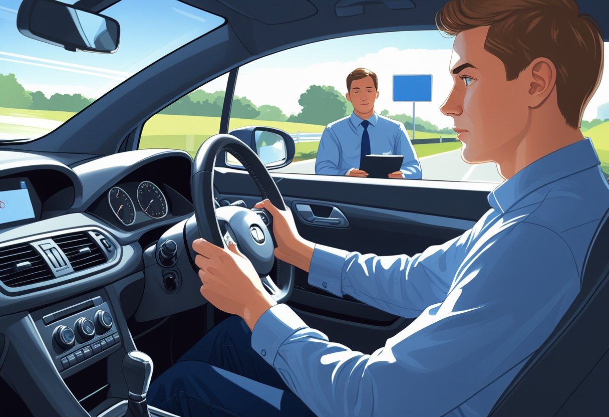 Driver inside a car shifting gears smoothly while a driving examiner watches attentively from the passenger seat.