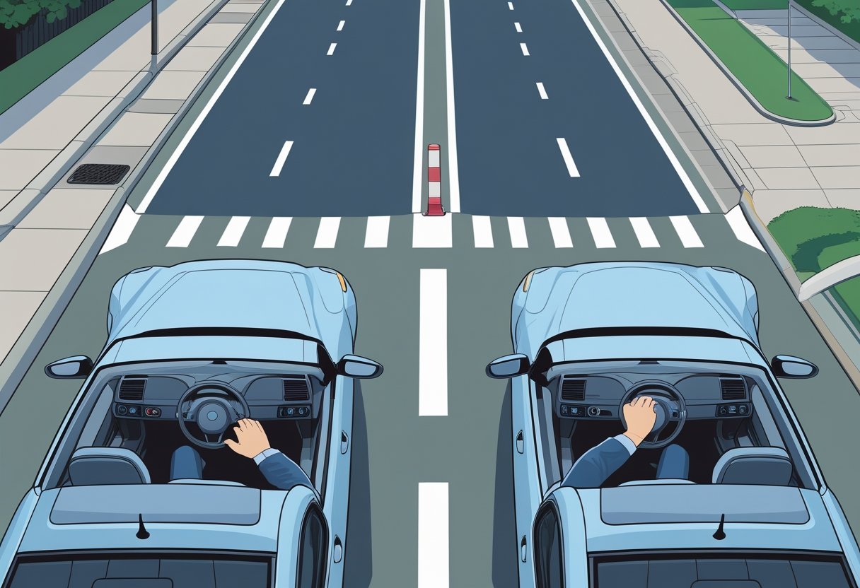A car stopped at a junction with one side showing the driver using the footbrake and the other side showing the driver using the handbrake.