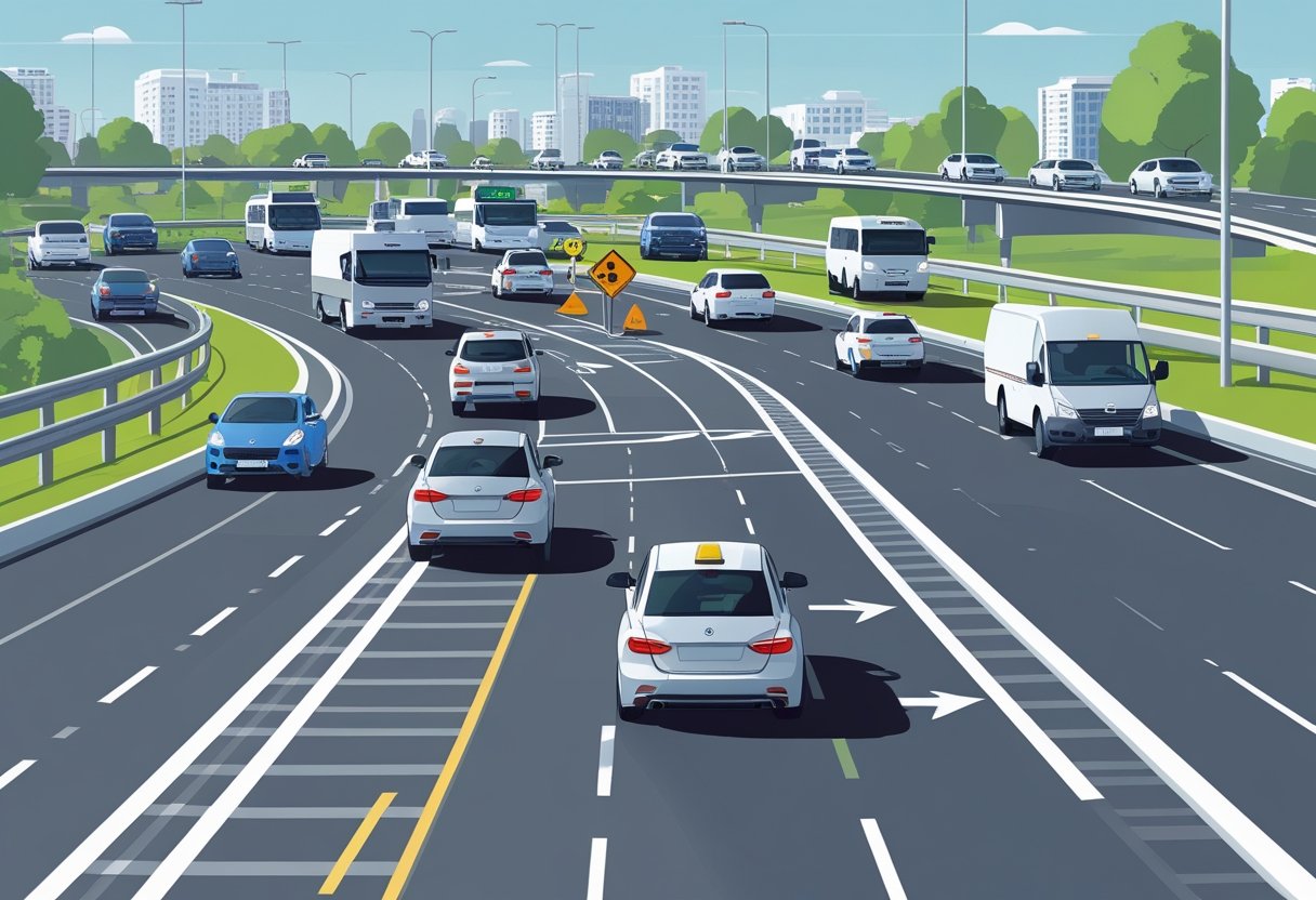 A busy ring road with multiple vehicles, showing a car safely changing lanes using its indicator while other vehicles maintain safe distances.