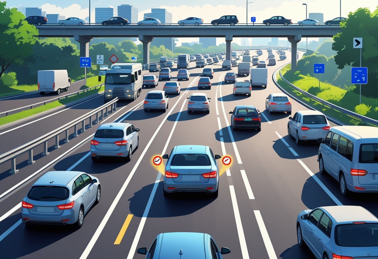 A busy multi-lane ring road with vehicles driving and one car signalling while changing lanes safely among traffic.