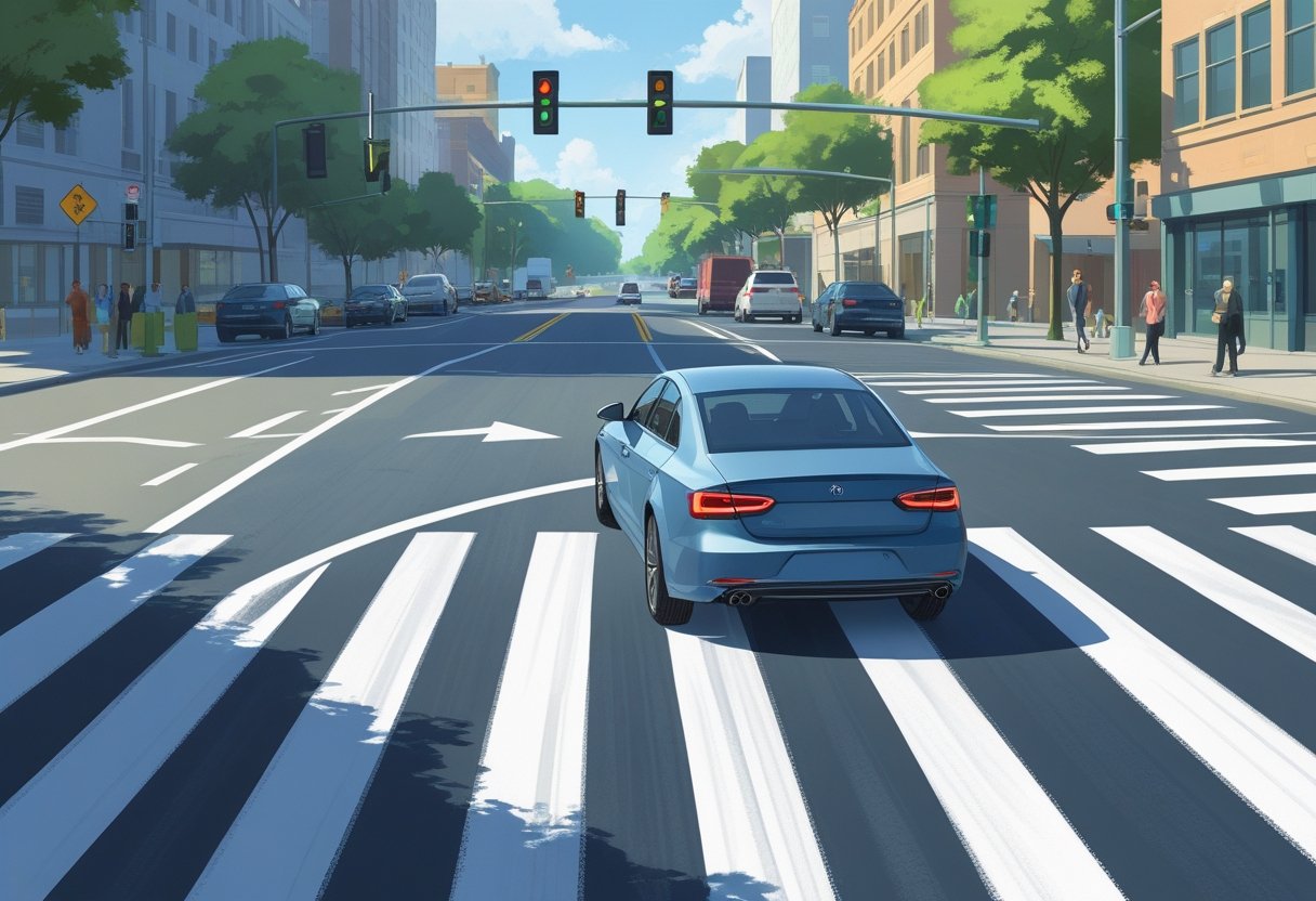 A car making a proper right turn at a city intersection, staying within the lane and signalling correctly.