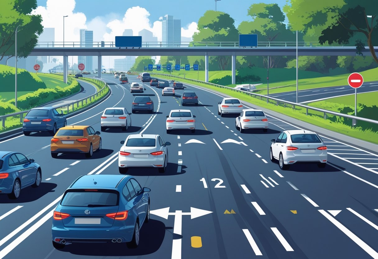 A busy ring road with vehicles including a car signalling and safely changing lanes while other vehicles keep safe distances.