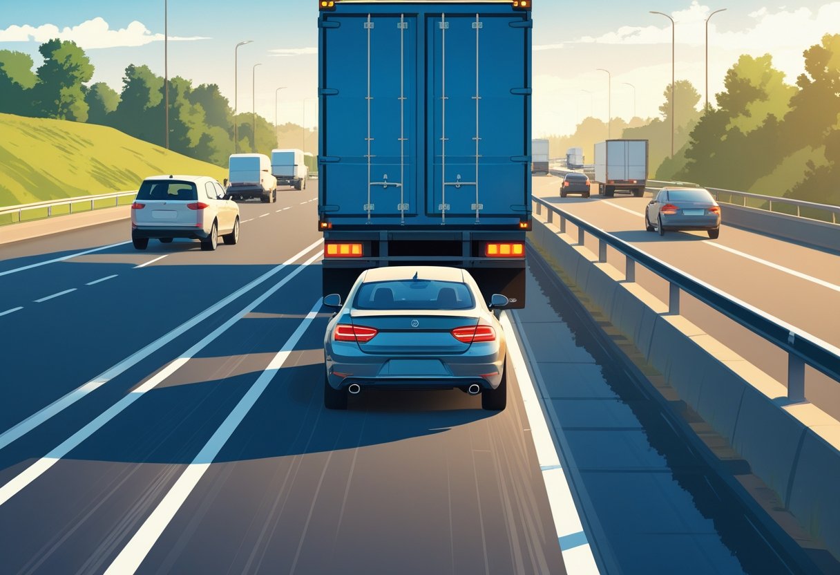 A car driving behind a large truck on a highway, keeping a safe distance between them.