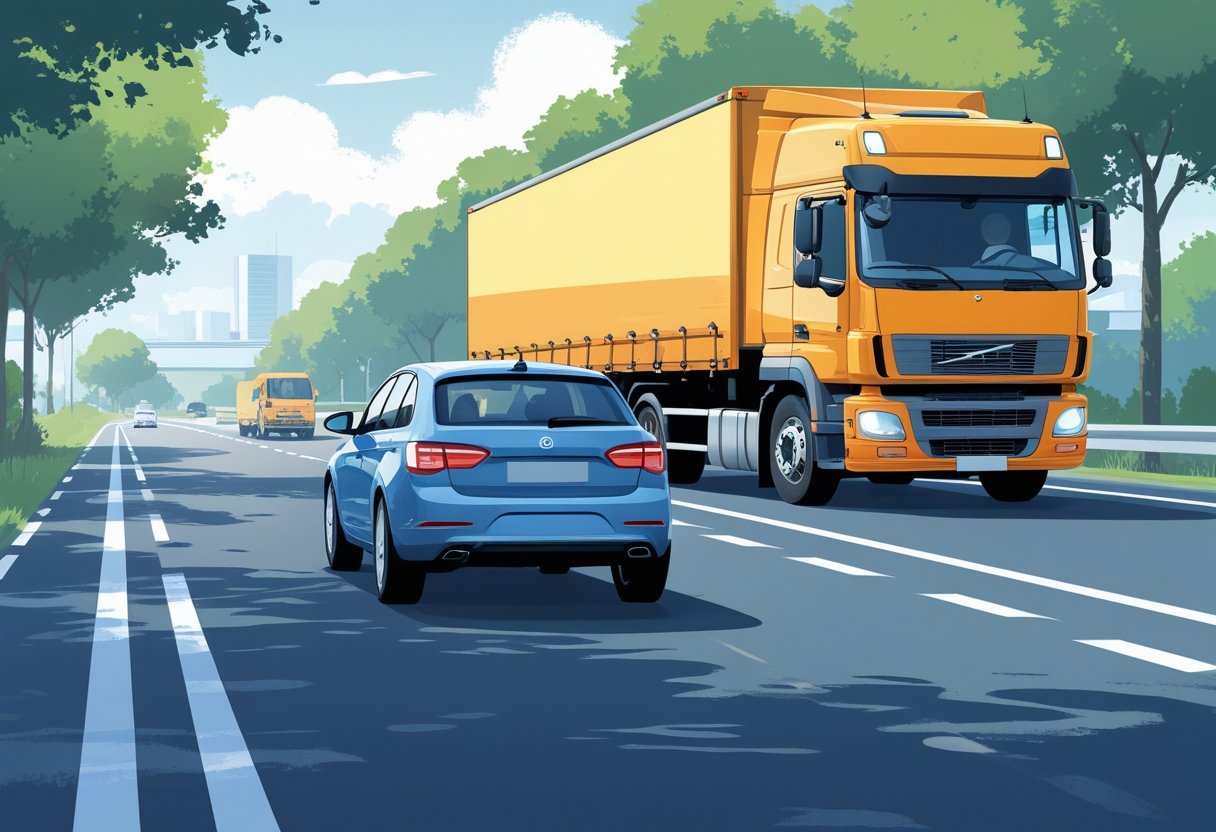 A car driving behind a large truck on a road with a clear safe distance between them.
