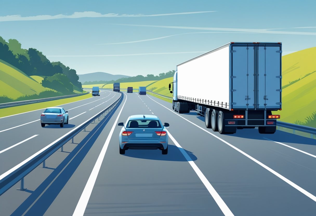 A car driving behind a large truck on a highway, maintaining a safe distance between the two vehicles.